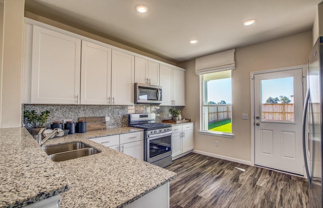 kitchen featuring dark wood finished floors, a sink, tasteful backsplash, appliances with stainless steel finishes, and white cabinetry