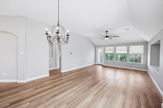 unfurnished living room featuring light wood-style flooring, vaulted ceiling, baseboards, visible vents, and ceiling fan with notable chandelier