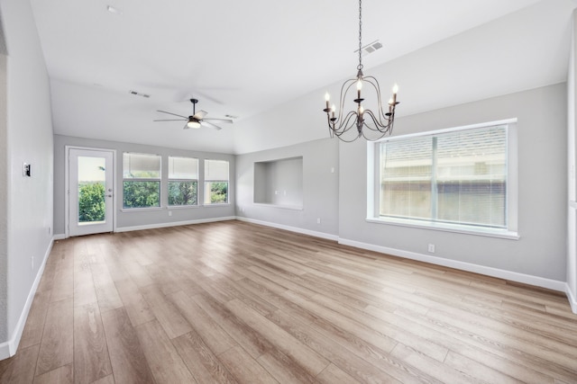 interior space with light wood-style flooring, visible vents, baseboards, and ceiling fan with notable chandelier