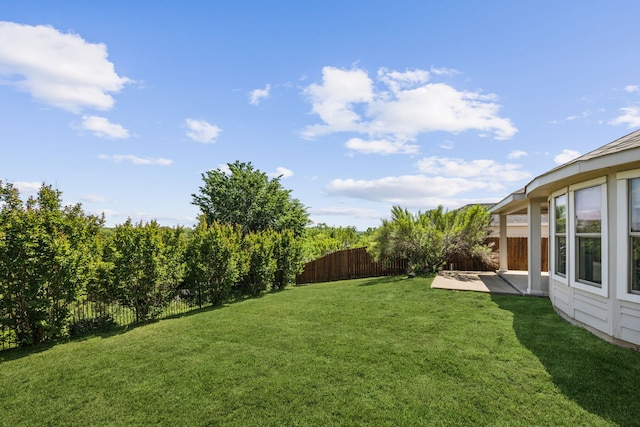 view of yard with a fenced backyard and a patio