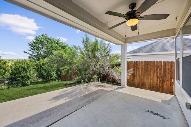 view of patio / terrace featuring a fenced backyard and a ceiling fan
