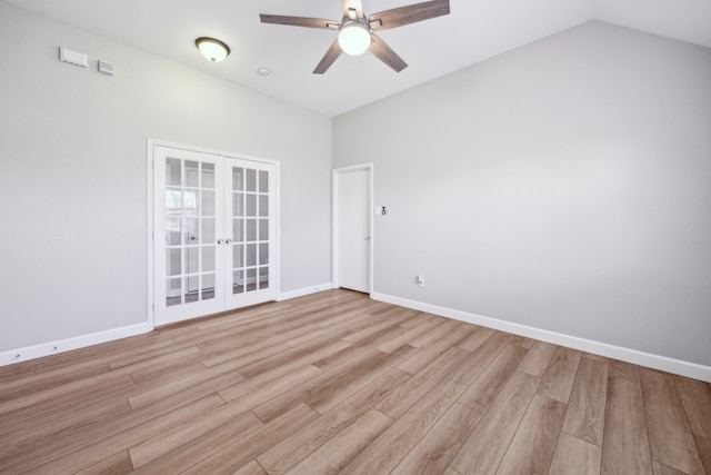 unfurnished room with french doors, baseboards, light wood-style floors, and ceiling fan