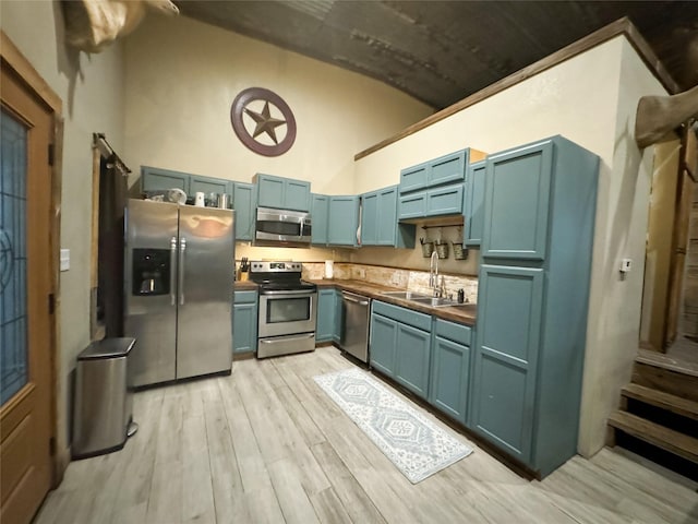 kitchen featuring blue cabinetry, appliances with stainless steel finishes, a sink, high vaulted ceiling, and light wood-style flooring
