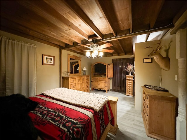 bedroom featuring light wood-style floors, wood ceiling, ceiling fan, and beam ceiling