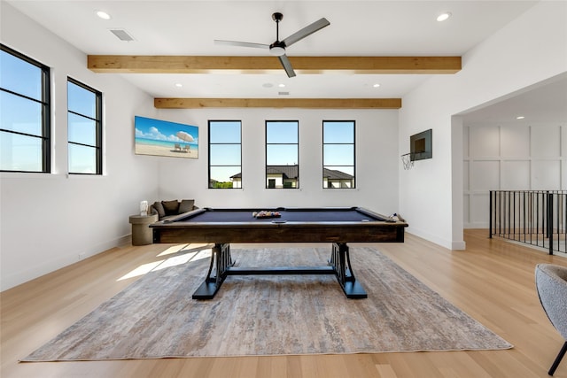 playroom featuring baseboards, a healthy amount of sunlight, wood finished floors, and recessed lighting