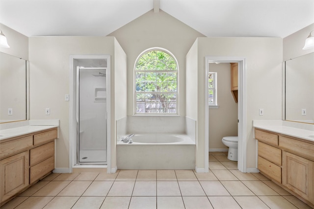 bathroom featuring toilet, vanity, a bath, baseboards, and a stall shower