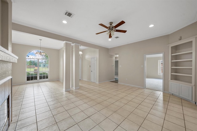 unfurnished living room with recessed lighting, visible vents, a ceiling fan, light tile patterned floors, and crown molding