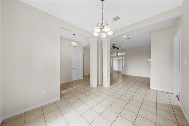 interior space featuring visible vents, light tile patterned floors, crown molding, baseboards, and ceiling fan with notable chandelier
