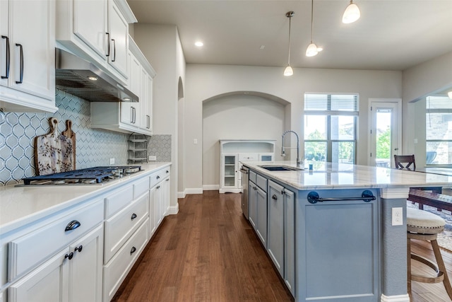560 Southwestern Dr, Rockwall, TX 75087 - kitchen with a sink, under cabinet range hood, tasteful backsplash, dark wood-type flooring, and white cabinets
