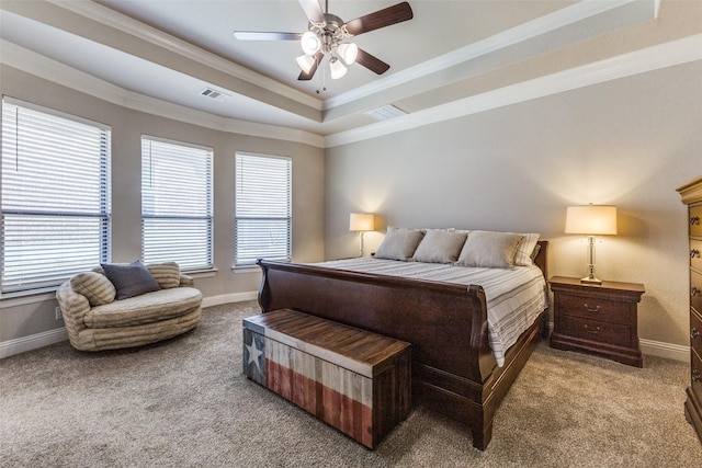 560 Southwestern Dr, Rockwall, TX 75087 - carpeted bedroom featuring a tray ceiling, baseboards, ornamental molding, and ceiling fan