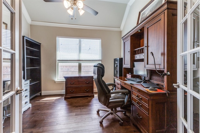 560 Southwestern Dr, Rockwall, TX 75087 - office space with crown molding, ceiling fan, french doors, dark wood-type flooring, and baseboards