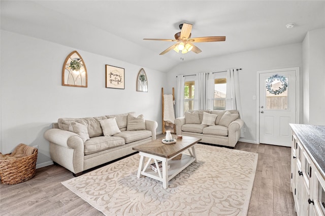 4629 Fringetree Way, Fort Worth, TX 76036 - living room featuring light wood-style floors, vaulted ceiling, baseboards, and ceiling fan