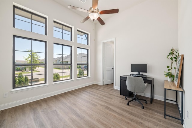 office area featuring ceiling fan, plenty of natural light, and wood finished floors