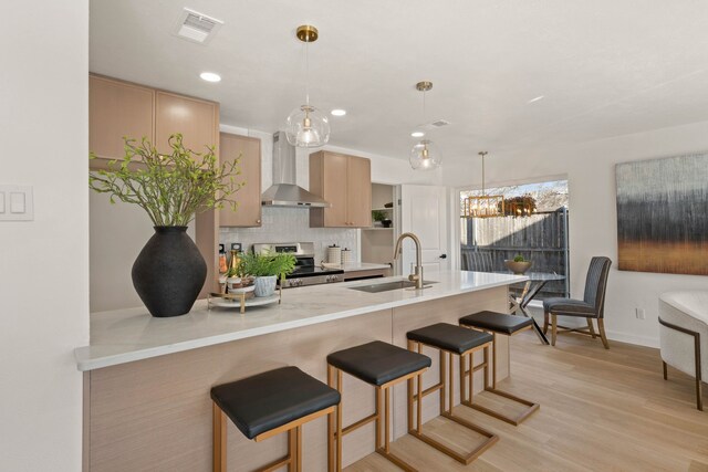 kitchen with visible vents, wall chimney range hood, a sink, stainless steel electric range, and a peninsula