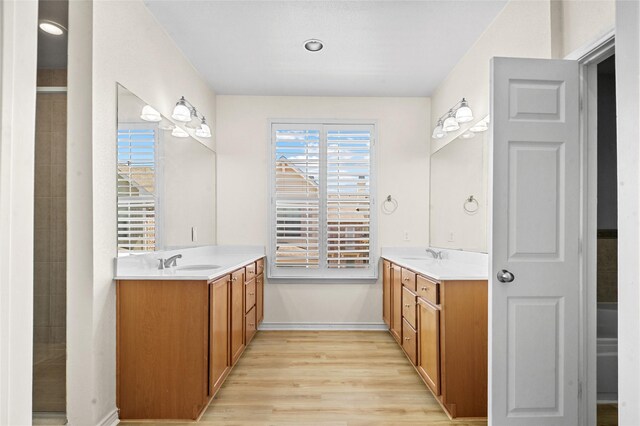 full bathroom with two vanities, wood finished floors, baseboards, and a sink