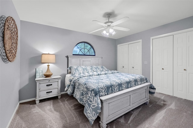 511 Kiowa Dr W, Lake Kiowa, TX 76240 - bedroom with dark carpet, multiple closets, baseboards, and ceiling fan