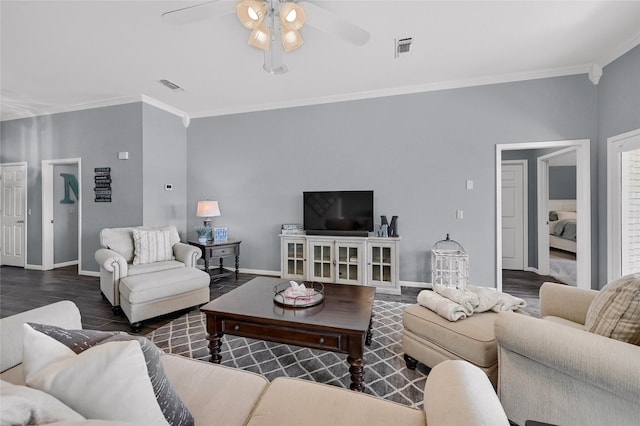 511 Kiowa Dr W, Lake Kiowa, TX 76240 - living room featuring a ceiling fan, wood finished floors, crown molding, and visible vents