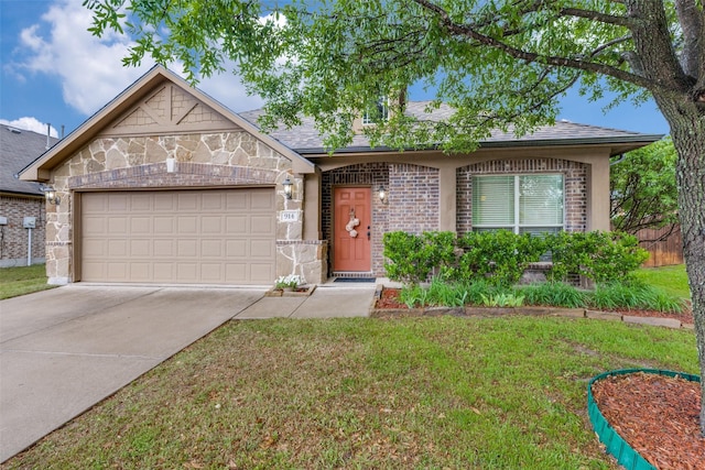 ranch-style house with a garage, concrete driveway, brick siding, and a front yard
