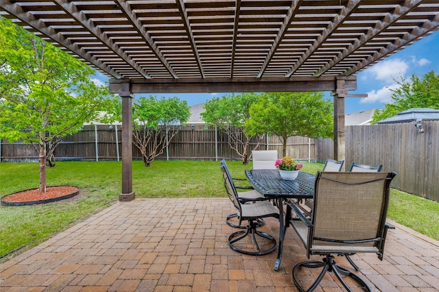 view of patio with a pergola, outdoor dining area, and a fenced backyard