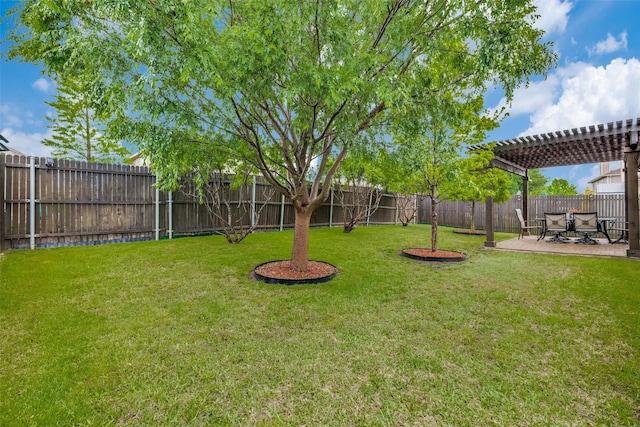 view of yard featuring a fenced backyard, a patio area, and a pergola