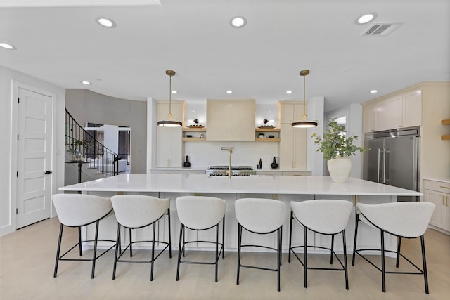1750 Greenwood Ct, Prosper, TX 75078 - kitchen featuring open shelves, built in fridge, range, light countertops, and visible vents