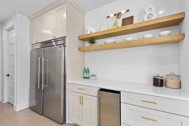 1750 Greenwood Ct, Prosper, TX 75078 - kitchen featuring open shelves, light countertops, high quality fridge, and refrigerator