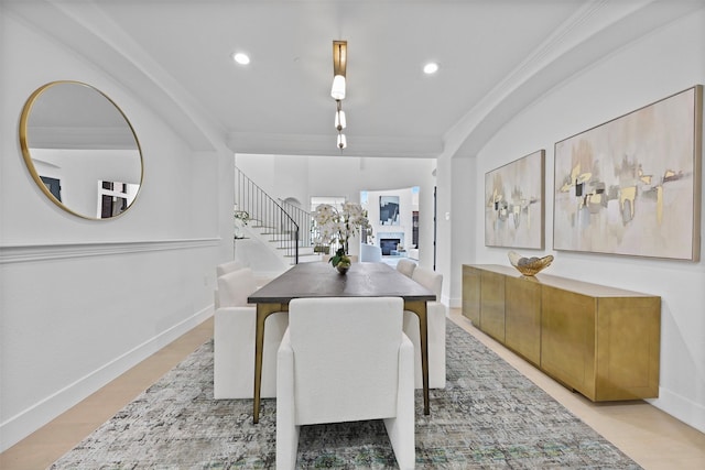 1750 Greenwood Ct, Prosper, TX 75078 - dining room featuring recessed lighting, baseboards, stairs, and ornamental molding