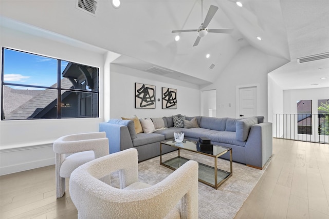 1750 Greenwood Ct, Prosper, TX 75078 - living area featuring light wood-type flooring, visible vents, recessed lighting, a ceiling fan, and high vaulted ceiling