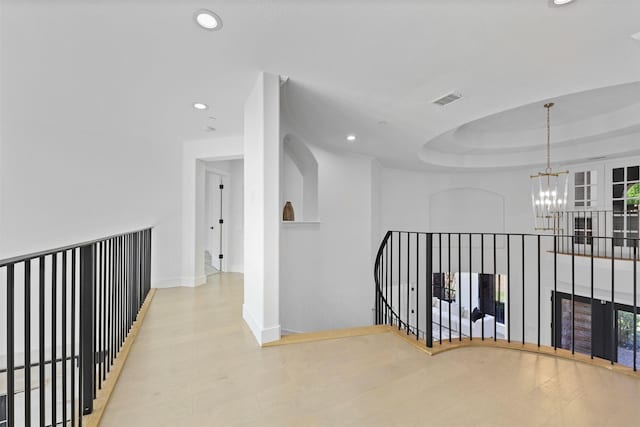 1750 Greenwood Ct, Prosper, TX 75078 - corridor with an upstairs landing, baseboards, a notable chandelier, visible vents, and recessed lighting
