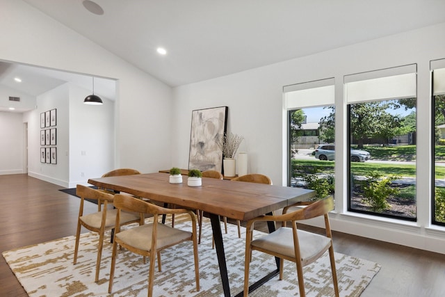 dining room with recessed lighting, wood finished floors, visible vents, and lofted ceiling