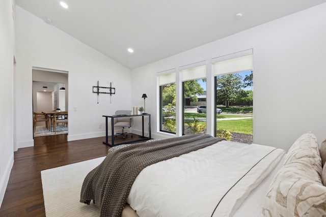 bedroom featuring baseboards, wood finished floors, recessed lighting, and high vaulted ceiling