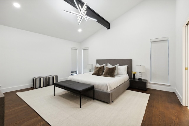 bedroom with dark wood-type flooring, a chandelier, high vaulted ceiling, and recessed lighting