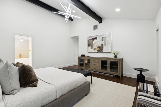 bedroom featuring visible vents, vaulted ceiling with beams, wood finished floors, and baseboards