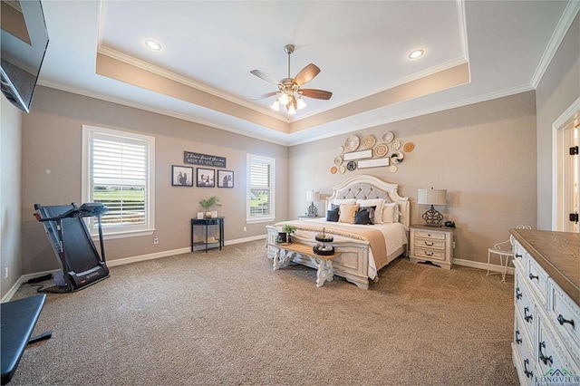 225 Clements Cir, Tatum, TX 75691 - bedroom with light colored carpet, crown molding, and a tray ceiling