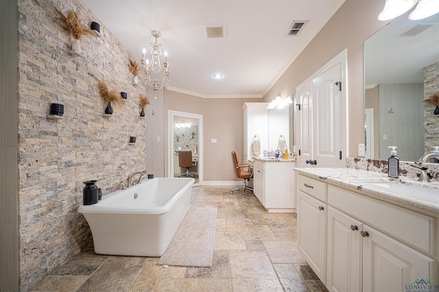 225 Clements Cir, Tatum, TX 75691 - full bath with visible vents, ornamental molding, a sink, stone tile flooring, and a soaking tub