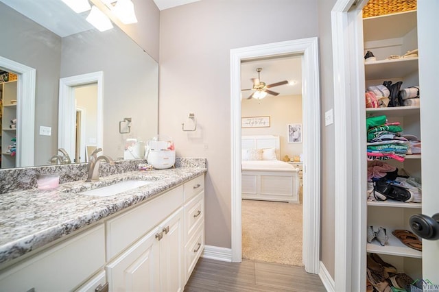 225 Clements Cir, Tatum, TX 75691 - bathroom featuring a spacious closet, wood finished floors, a ceiling fan, vanity, and baseboards