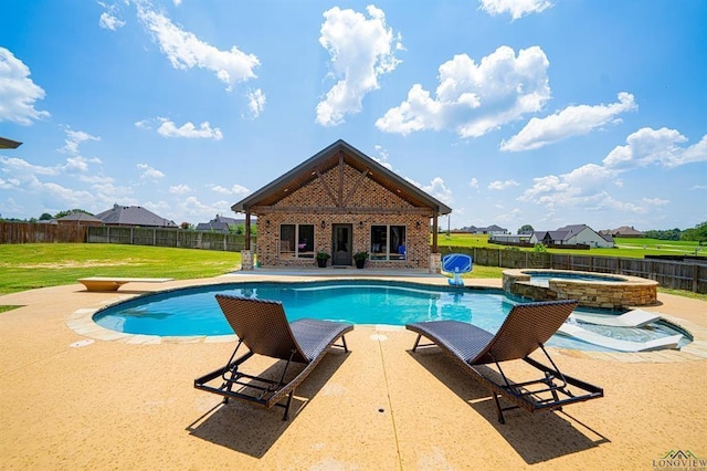 225 Clements Cir, Tatum, TX 75691 - view of swimming pool with a pool with connected hot tub, a lawn, a patio, and a fenced backyard