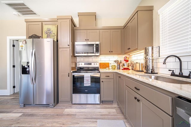 225 Clements Cir, Tatum, TX 75691 - kitchen featuring light wood finished floors, visible vents, a sink, gray cabinetry, and appliances with stainless steel finishes