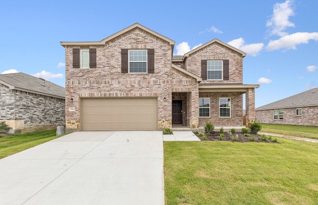 7200 Pederson Creek Way, Denton, TX 76208 - traditional home with a garage, brick siding, a front yard, and concrete driveway