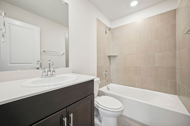 full bathroom with bathtub / shower combination, vanity, recessed lighting, and toilet