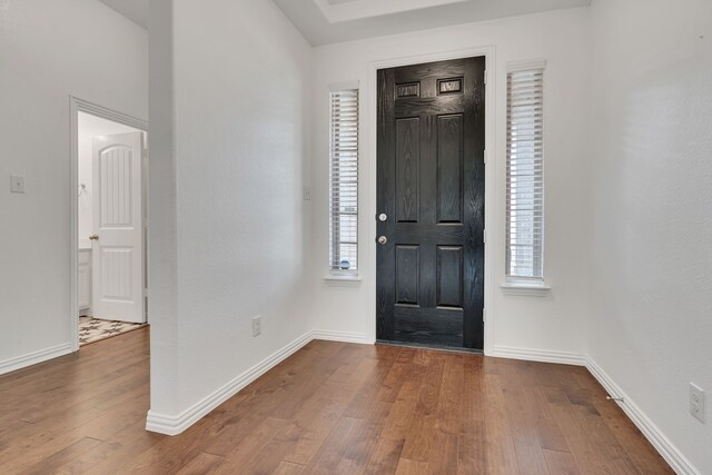 entrance foyer featuring dark wood-style flooring and baseboards