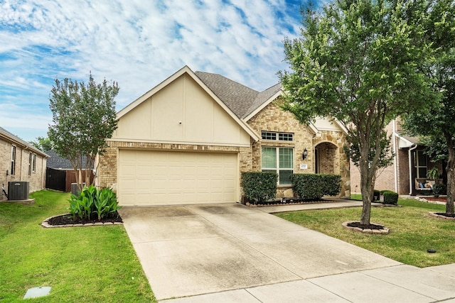 4717 Whitehall Ct, Mckinney, TX 75070 - view of front of home with brick siding, an attached garage, concrete driveway, cooling unit, and a front yard