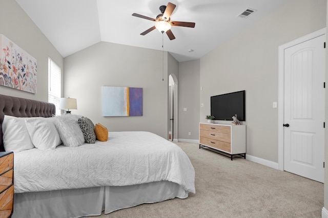 4717 Whitehall Ct, Mckinney, TX 75070 - bedroom featuring light colored carpet, vaulted ceiling, baseboards, and ceiling fan