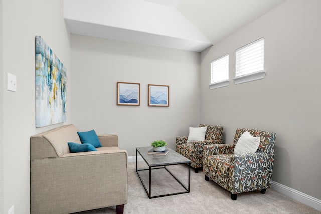 4717 Whitehall Ct, Mckinney, TX 75070 - living area featuring carpet flooring, baseboards, and vaulted ceiling