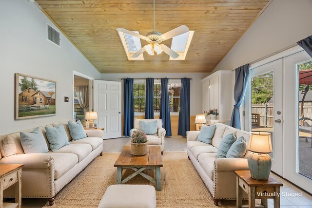 living area featuring visible vents, a ceiling fan, vaulted ceiling with skylight, and wooden ceiling