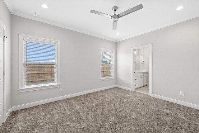unfurnished bedroom with baseboards, ornamental molding, recessed lighting, and light colored carpet