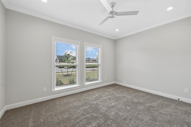 carpeted empty room featuring ceiling fan, baseboards, recessed lighting, and ornamental molding