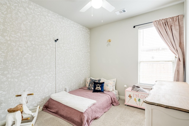 3504 Periwinkle Dr, Aubrey, TX 76227 - carpeted bedroom featuring wallpapered walls, a ceiling fan, and baseboards