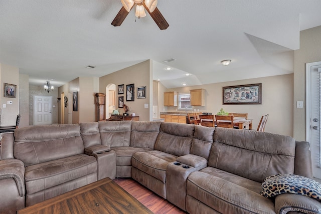 6121 Bowfin Dr, Fort Worth, TX 76179 - living room featuring visible vents, dark wood-style floors, and ceiling fan with notable chandelier