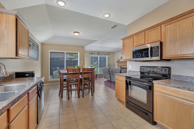 6121 Bowfin Dr, Fort Worth, TX 76179 - kitchen featuring dark countertops, a sink, a textured ceiling, black appliances, and visible vents